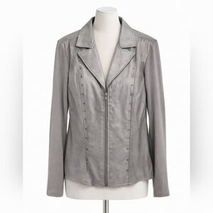 Peter Nygard Silver Leather Jacket with Stud Accents Knit Sleeves And Back Chic